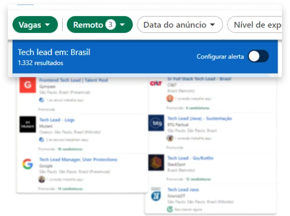 Busca no LinkedIn por vagas de Tech Lead no Brasil, com 1.332 resultados